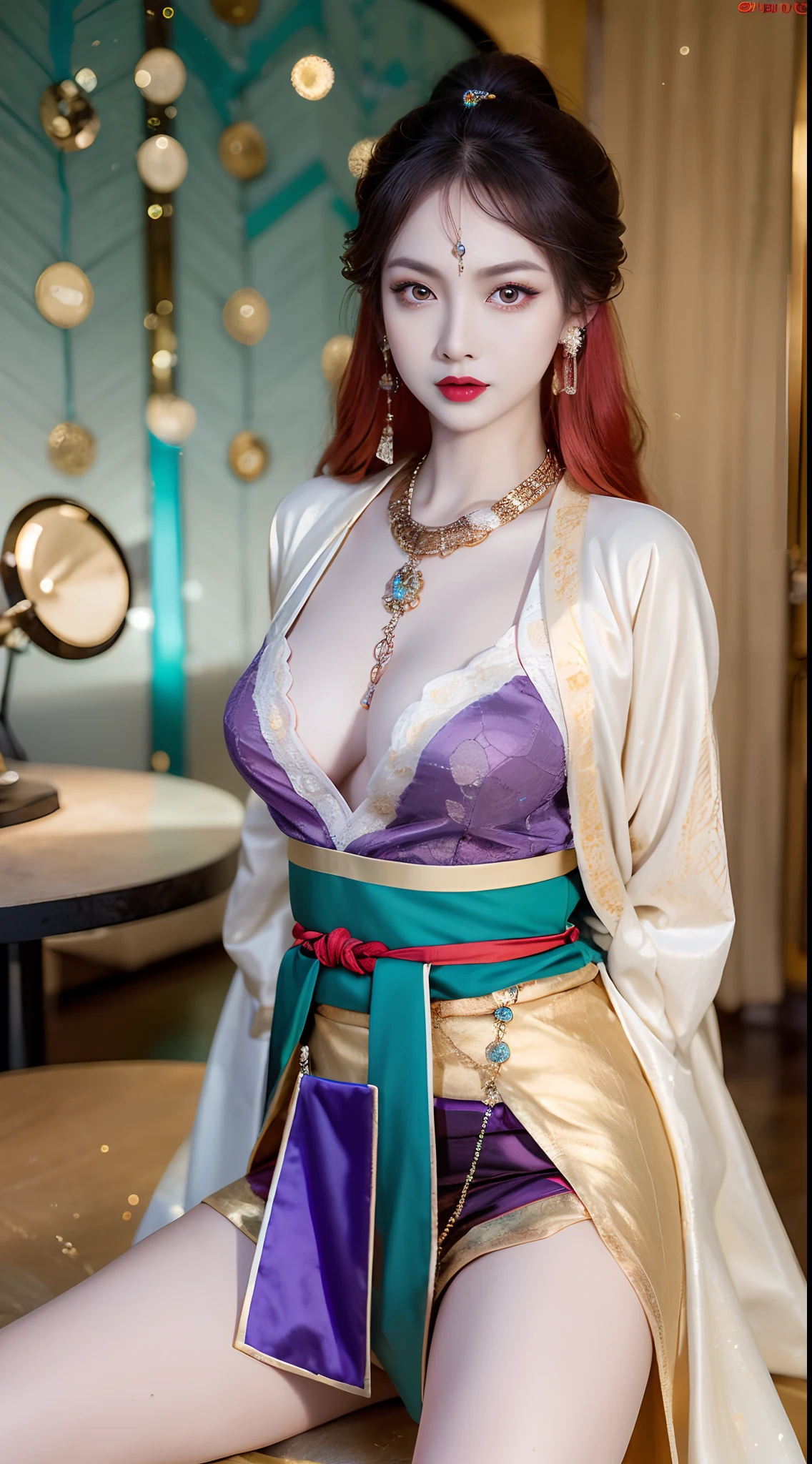 1 beautiful and sexy 20 year old girl, ((wearing traditional Hanfu armor with main colors purple and red:1.5)), not wearing pants, sexy hanfu style, ((long red hair:1.7)), jewelry elaborately made from precious stones and beautiful hair, ((wearing a 24k gold lace necklace:1.4)), the noble, noble style of an extremely beautiful girl, her small face is super cute, her face is very pretty, thin eyebrows, flawless beautiful face, ((black eye pupils: 0.8)), very beautiful eyes, ((light red eyes: 1.5)), (((big round eyes:1.6))), nice makeup and hair detailed eyelashes, steamy eye makeup, high nose, earrings, red lips, ((closed mouth: 1.5)) beautiful lips, slim hands, most beautiful thighs, ((arms spread out to the sides: 1.5)), rosy face, clean face, flawless beautiful face, smooth white skin, (big breasts: 1.5)), tight breasts, beautiful cleavage, (((big breasts and super round: 1.8))), beautiful breasts, perfect body, ((put girl's arms behind her back:1.6)), chest out, sit down on the bed, ((Open your legs:1.8)), not ashamed, 8k photo, super high quality, super realistic, super 10x pixels, optical, bright studio, bright edges, dual-tone lighting, (high-detail skin:1.2), super 8k, soft lighting, high quality, volumetric lighting, photorealistic, photorealistic high resolution, lighting, best photo, 4k, 8k quality, smooth sharp, 10x pixel, ((royal villa background:1.5)), aurora, lightning, super graphics realistic, most realistic graphics, 1 girl, alone, solo, Extremely sharp image, surreal, ((portrait:1.5))."