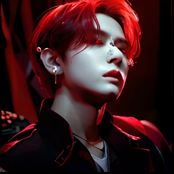 um homem com cabelos ruivos e piercings em uma camisa preta, deviantart artstation cgscosiety, Fanart oficial Behance HD, trending in the artstation, artstation mans aesthetic, fanart melhor artstation, 🌺 CGSetnation, com olhos vermelhos brilhantes, his eyes are red and glowing, crimson color blood tears, Cai Xukun, inspirado em Yanjun Cheng