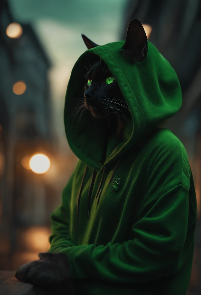 4k, detailed CG, 4k wallpaper, hacker, hoodie, black cat, green eyes, andromorphic, tattoo