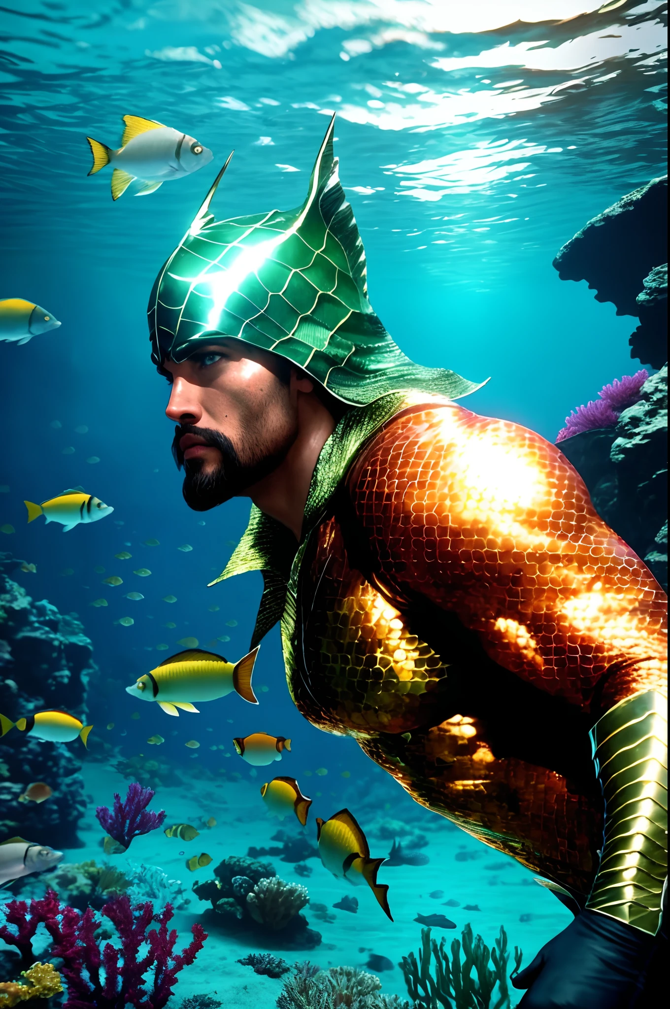 Aquaman, character of the film, by Jason momoa, cinematic style, unreal engine 5, hyperrealistic, seabed, cinematic light,in action underwater world, fish around