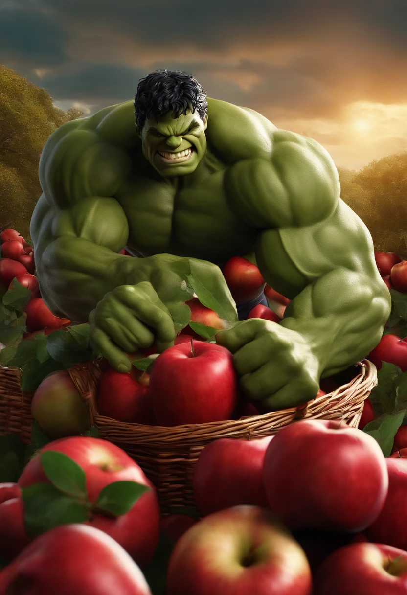 Smiling Hulk is picking many giant red apples inside a basket with the shield, Too many apples falling from the sky