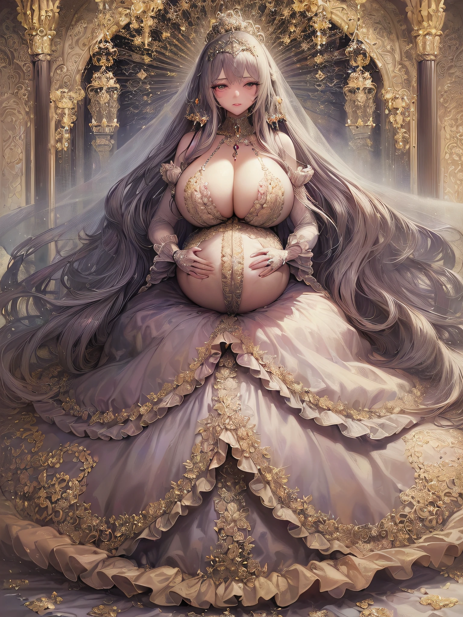 ((anime artstyle)),(Masterpiece),(Best Quality), (Super Detail),(Highly Detailed CG Unity 8k wallpaper),((Very Delicate and Beautiful)),1 pregnant girl,((full body portrait)),((standing in garden)),((solo)),(((1 heavily pregnant princess in gorgeous embroidery and jeweled extremely gorgeous rococo princess ballgown with voluminous full length hoop skirt))),(((heavily pregnant))),(((huge crinoline hoopskirt))),long train,((gorgeous embroidery and jeweled)),voluminous frills,See-through,(((extremely gigantic tits,skindentation))),cleavage,((absurdly Long Straight Hair,extremely voluminous Straight long Hair,absurdly Long Straight Hair)),(finely detailed face and eyes),((embarrassed)),anguish,clear pupil,extremely gorgeousfull hair ornament,(bling-bling jeweled extremely gorgeousfull tiara),((bling-bling gorgeous gemstone jewelry)),gorgeous long veil,((ultra long gloves)),(beautiful background),(full body),((gorgeous embroidery and jeweled extremely gorgeous rococo princess ballgown with voluminous full length hoop skirt))
