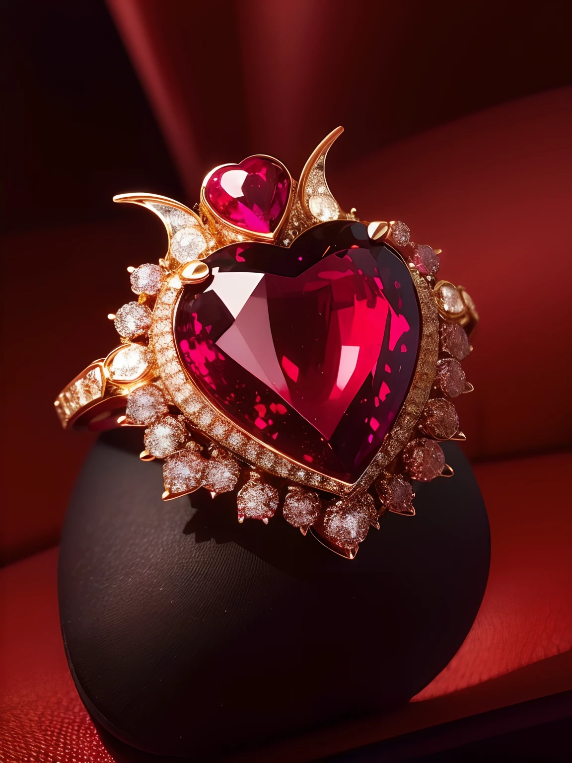 Close-up of heart-shaped ruby and white diamond ring, amethyst，quartz，Rose quartz，crystal sphere，Sceptre quartz，Red Jewel，sapphires，citrine，Semi-plaster，agates， A phoenix, lavishly decorated, Red jewelry, vibrant with colors,Very intense, jewelry photography, Set in 18K gold，18K gold jewelry customization，Jewelry setting，Spectacular, Quarter view, 0,intricate african jewellery，High Jewelry，Dinner jewelry，a jewellery design，