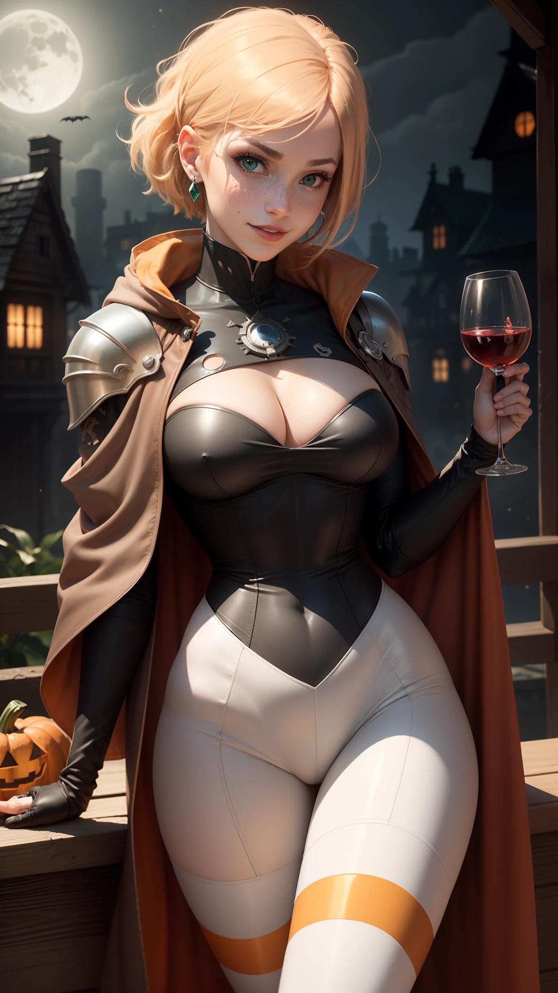 gwen tennyson,tracer,yorha 2b,rebecca chambers,atelier ryza,nier automata,1girl, close up,mecha pilot,halloween village, white and red plugsuit,hair pin,pirate corset,silver long sleeve lycra top,steel leggings,short hair,cute makeup, green eyes,orange and golden hair,shy smile,freckles,redhead,beautiful girl,large breasts,ultra detailed,realistic,fantasy art,bodycon dress,steel armor,halloween pumpkin,moonlight,holding a wine glass, silver earrings,vampire cloak,