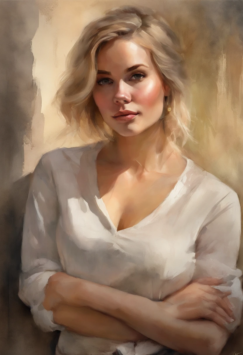 professional, (4k photo:1.1) by (Jeremy Lipking:0.3), (Dittmann Anna:0.3), (Arian Mark:0.3), (Sharp focus:1.3), high detail, wearing (tight shirt:1.2), beautiful detailed face, hazel eyes, short blonde hair, (attractive young woman:1.3), (seductive:1.1), (blushing:1.1), hourglass body shape, natural breasts, wide hips