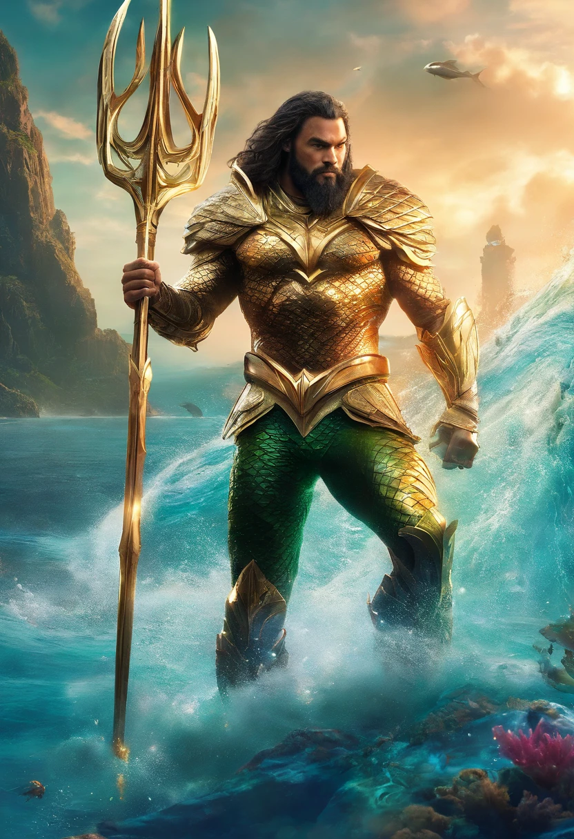 Aquaman, character of the film, by Jason momoa, cinematic style, unreal engine 5, hyperrealistic, seabed, cinematic light,in action underwater world, fish around