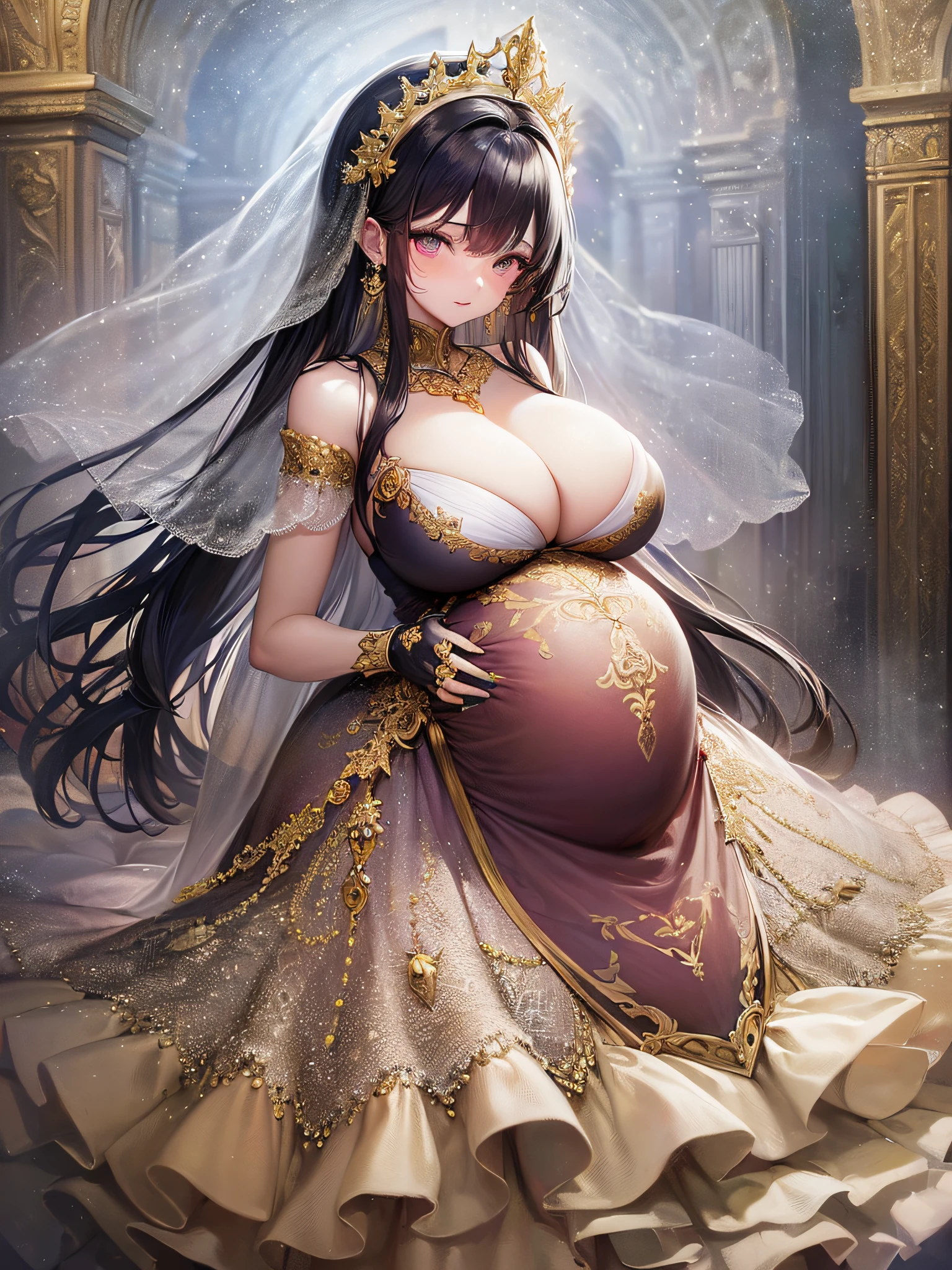 ((anime artstyle)),(Masterpiece),(Best Quality), (Super Detail),(Highly Detailed CG Unity 8k wallpaper),((Very Delicate and Beautiful)),1 pregnant girl,((full body portrait)),((standing in garden)),((solo)),(((1 heavily pregnant princess in gorgeous embroidery and jeweled extremely gorgeous rococo princess ballgown with voluminous full length hoop skirt))),(((heavily pregnant))),(((huge crinoline hoopskirt))),long train,((gorgeous embroidery and jeweled)),voluminous frills,See-through,(((extremely gigantic tits,skindentation))),cleavage,((absurdly Long Straight Hair,extremely voluminous Straight long Hair,absurdly Long Straight Hair)),(finely detailed face and eyes),((embarrassed)),anguish,clear pupil,extremely gorgeousfull hair ornament,(bling-bling jeweled extremely gorgeousfull tiara),((bling-bling gorgeous gemstone jewelry)),gorgeous long veil,((ultra long gloves)),(beautiful background),(full body),((gorgeous embroidery and jeweled extremely gorgeous rococo princess ballgown with voluminous full length hoop skirt))