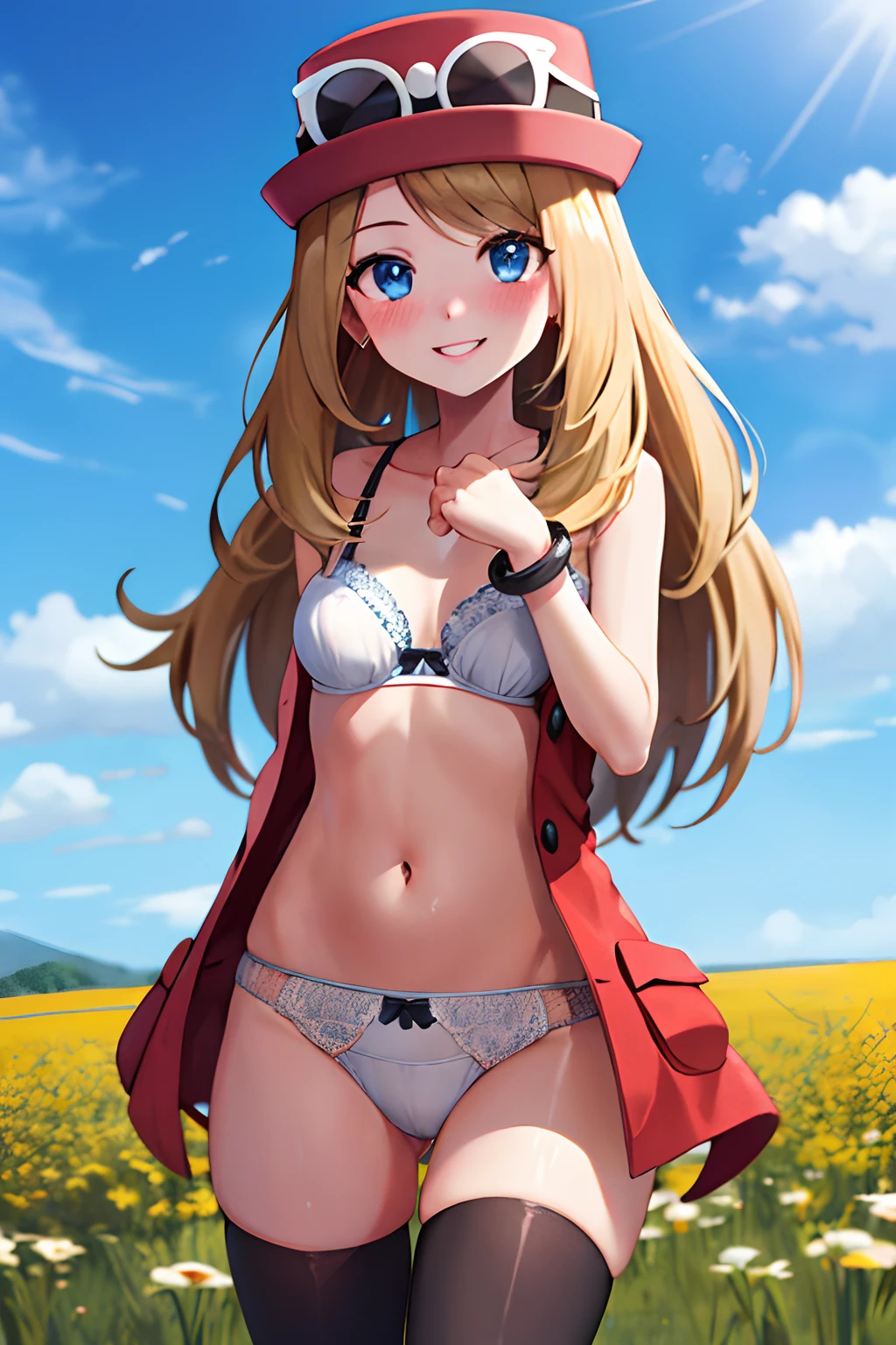 masterpiece, best quality, highres, blue eyes, serena \(pokemon\), 1girl, solo, thighhighs, long hair, hat, jewelry, bracelet, black thighhighs, white panties, white bra, eyelashes, pink headwear, eyewear on headwear, upper body, cowboy shot, field, smile, blushing,