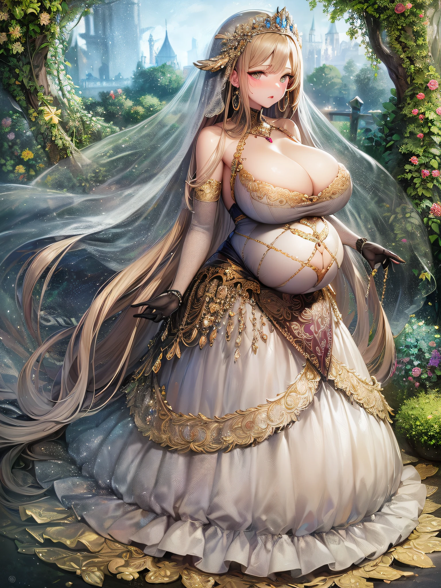 ((anime artstyle)),(Masterpiece),(Best Quality), (Super Detail),(Highly Detailed CG Unity 8k wallpaper),((Very Delicate and Beautiful)),1 pregnant girl,((full body portrait)),((standing in garden)),((solo)),(((1 heavily pregnant princess in gorgeous embroidery and jeweled extremely gorgeous rococo princess ballgown with voluminous full length hoop skirt))),(((heavily pregnant))),(((huge crinoline hoopskirt))),long train,((gorgeous embroidery and jeweled)),voluminous frills,See-through,(((extremely gigantic tits,skindentation))),cleavage,((absurdly Long Straight Hair,extremely voluminous Straight long Hair,absurdly Long Straight Hair)),(finely detailed face and eyes),((embarrassed)),anguish,clear pupil,extremely gorgeousfull hair ornament,(bling-bling jeweled extremely gorgeousfull tiara),((bling-bling gorgeous gemstone jewelry)),gorgeous long veil,((ultra long gloves)),(beautiful background),(full body),((gorgeous embroidery and jeweled extremely gorgeous rococo princess ballgown with voluminous full length hoop skirt))