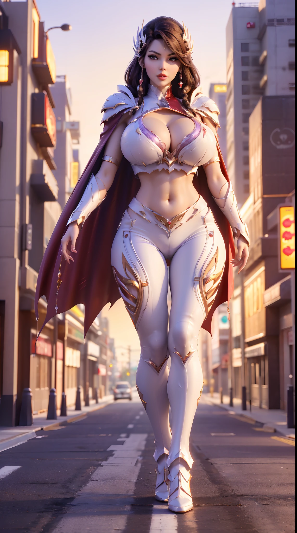 1GIRL, SOLO, (black hair, hair gold ornament), (DW HUGE FAKE BREASTS:1.3), (white, purple, red, FUTURISTIC PHOENIX ARMOR CROP TOP, ROYAL CAPE, CLEAVAGE:1.5), (SKINTIGHT YOGA PANTS, HIGH HEELS:1.2), (NSFW GLAMOROUS BODY, SEXY LONG LEGS, FULL BODY:1.3), (FROM FRONT, LOOKING AT VIEWER:1), (WALKING DOWN ON STREET NIGHT CITY:1.3), PHYSICALLY-BASED RENDERING, ULTRA HIGHT DEFINITION, 8K, 1080P.