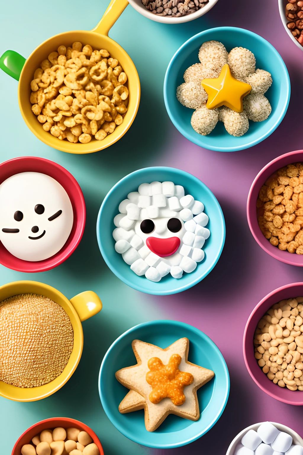 Cereal brand named "All Stars" with star shaped cereal and cereal Marshmallow faces of celebrities