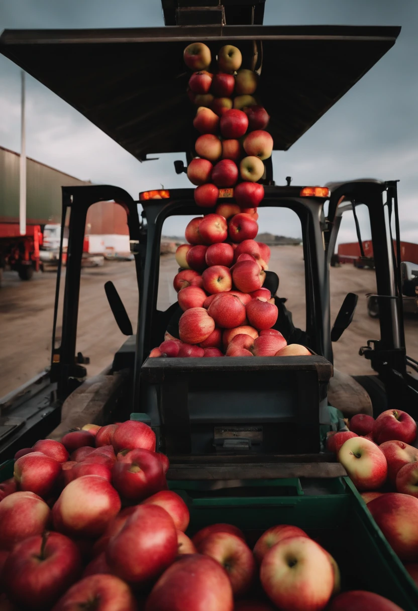 Forklift operator loading giant red colored apples into truck