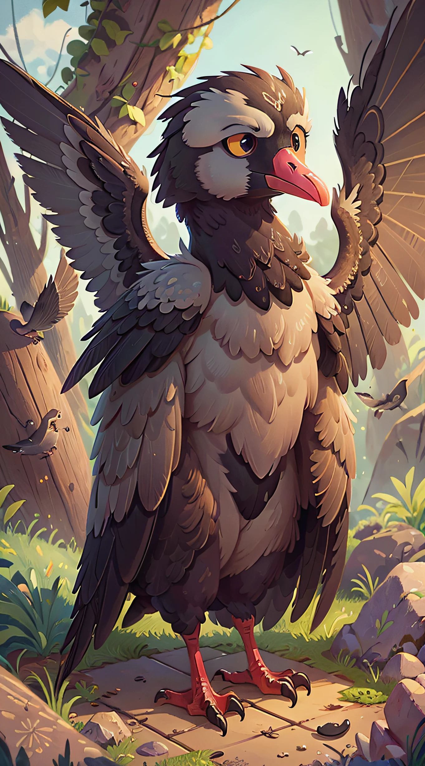 dromaeosaurid, raptor, feathered dinosaur, brown feathers, black feathers, yellow eyes, side view, biped, tail,winged arms, black feet,feral, outside, trees, grass, mountains, clouds, ecmajor, personalami ,fingers,stripes, spot, black face,brown head,((feathers)),sit on a stump, slit pupils, short nose,feathered arms, looking at viewer (hindquaters facing viewer) (nsfw:1.7) (big juicy cloaca gaping dripping very white thick liquid) (horizontal cloaca, slightly gaping) (tight detailed cloaca) (pushing small amount of poop out, of cloaca) (scat:1.2)