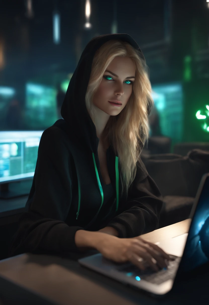 4k, detailed CG, 4k wallpaper, hacker, black hoodie, black cat in lap with green eyes, blue eyed blonde female, laptop, screens, dark room