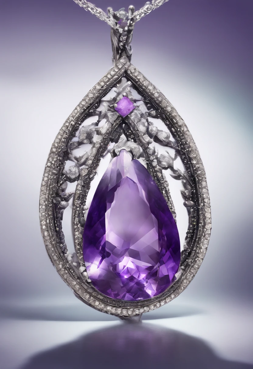 large amethyst pendant, silver, pear shape
