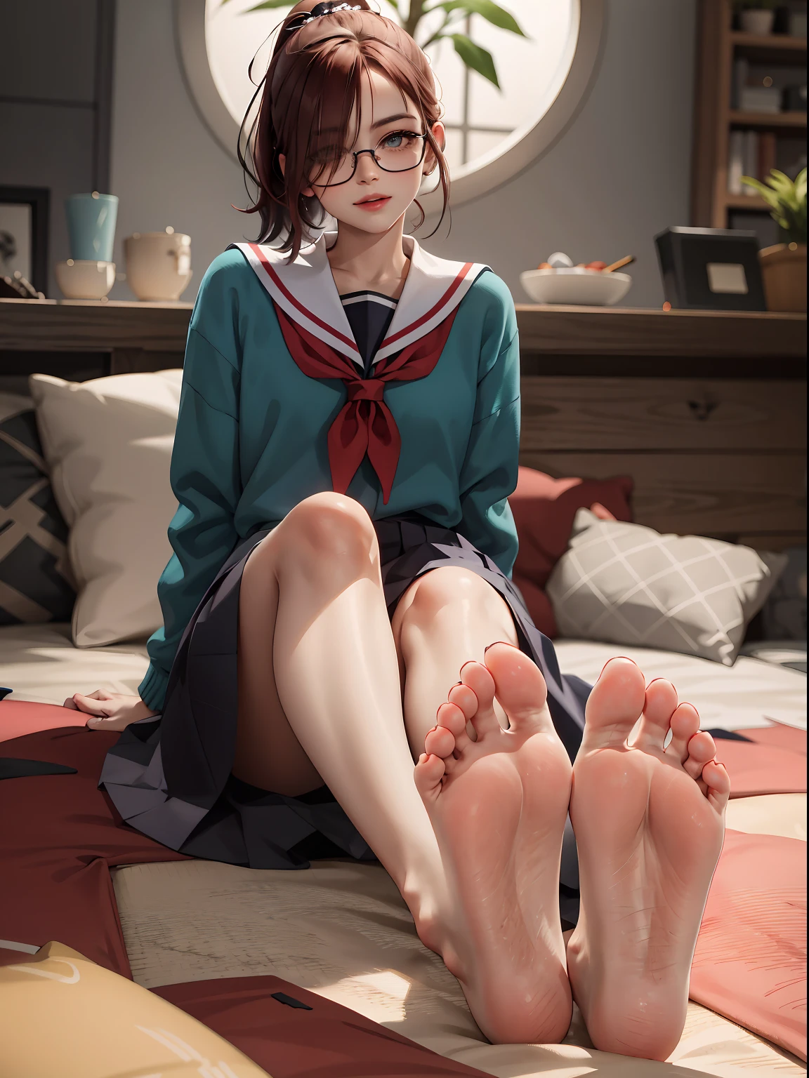(masterpiece:1.2, best quality,top quality), (imagem real, detalhes intrincados), 1lady, solo, sitting down, showing legs, showing feet,showing solo,short hair,low ponytail,hair over one eye,facepaint,minimal makeup, tecidos naturais,face close-up,(grimace),gasping,haze,cara travessa, (feet on camera),ruby hair,glasses,claros, franja, franja na testa,blue pupils,sailor dress,saia plissada,middle breast,mature body, face madura, detailed face,correct anatomy of the foot, anatomy of the feet, sexy foot,feet pointing at the viewer,foot,detailed feet, correct anatomy of the foot,