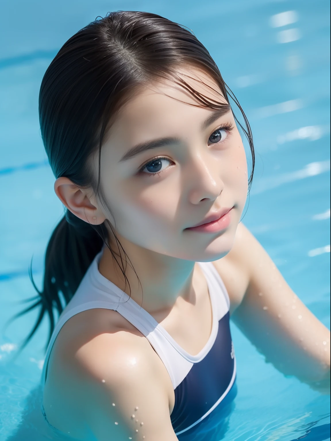 twin braids、A cute 16-year-old Japanese girl、(Masterpiece:1.3)、High resolution、Super detailed、High detail、highest quality、、(Real、フォトReal:1.3)、highest quality、Beautiful young woman、Pensive expression、Thoughtful expression、Competitive swimmer、Swimsuit、Cinematic Backgrounds、Light Skin Tone、Wet Skin