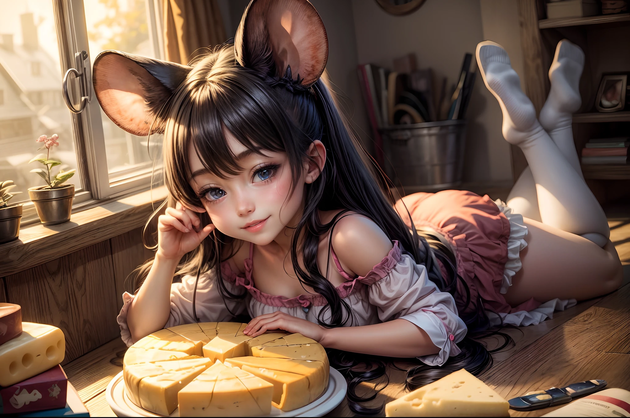 "A captivating anime-style illustration of a  girl grinning donning mouse ears, surrounded by cheese, in a cozy room. Vibrant colors, anime charm, heartwarming, the epitome of comfort and cuteness."