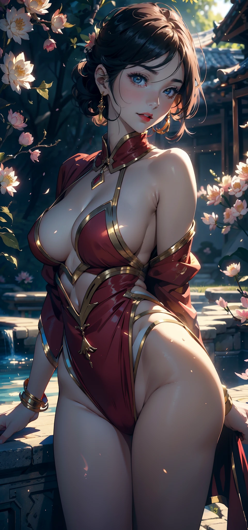 1female,45 yers old,Married Woman,熟妇,plumw,extremely large bosom, 独奏,(Background with:ponds,Cherry blossom forest,lotus flower)Lie underwater, She has short pink hair,seen from the front,, mostly cloudy sky,(((tmasterpiece),(Very detailed CG unity 8K wallpaper),best qualtiy,cinmatic lighting,detailed back ground,beatiful detailed eyes,Bright pupils,Black eyes,Snow-whiteskin,Redlip(Very fine and beautiful),(Beautiful and detailed eye description),ultra - detailed,tmasterpiece,))facing at camera,A high resolution,ultra - detailed),revealing breasts,Bare genitalia, Bulge,legs are open,Raised sexy,Camel toes,Desire for dissatisfaction,frontage,Gold Saint Seiya(Wearing:nakeness,Red cape)