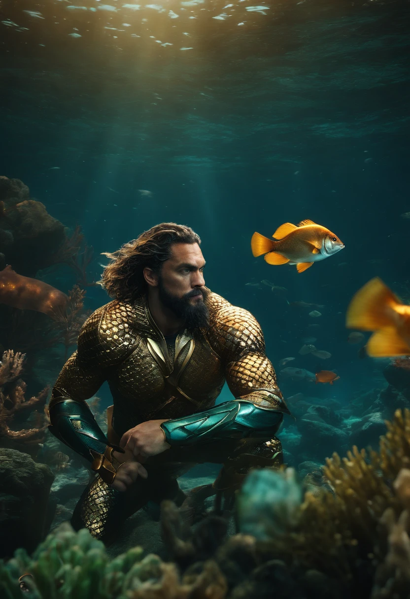 Aquaman, character of the film, by Jason momoa, cinematic style, unreal engine 5, hyperrealistic, seabed, cinematic light,in action underwater world, fish around
