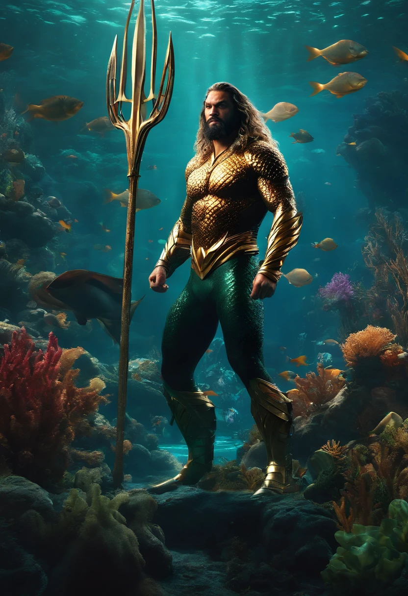 Aquaman, character of the film, by Jason momoa, cinematic style, unreal engine 5, hyperrealistic, seabed, cinematic light,in action underwater world, fish around