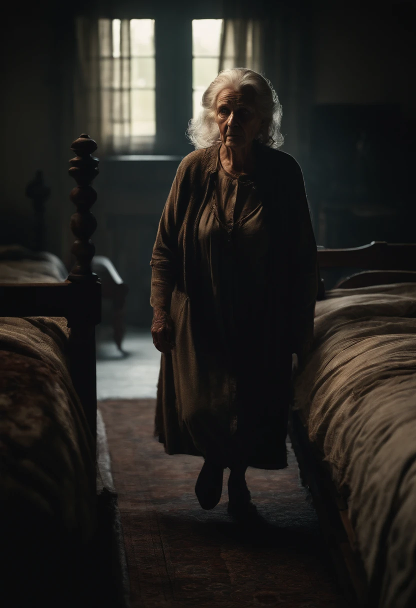 8k realistic image of a scary old woman walking dead under the bed, horror movie environment, horror movie photography