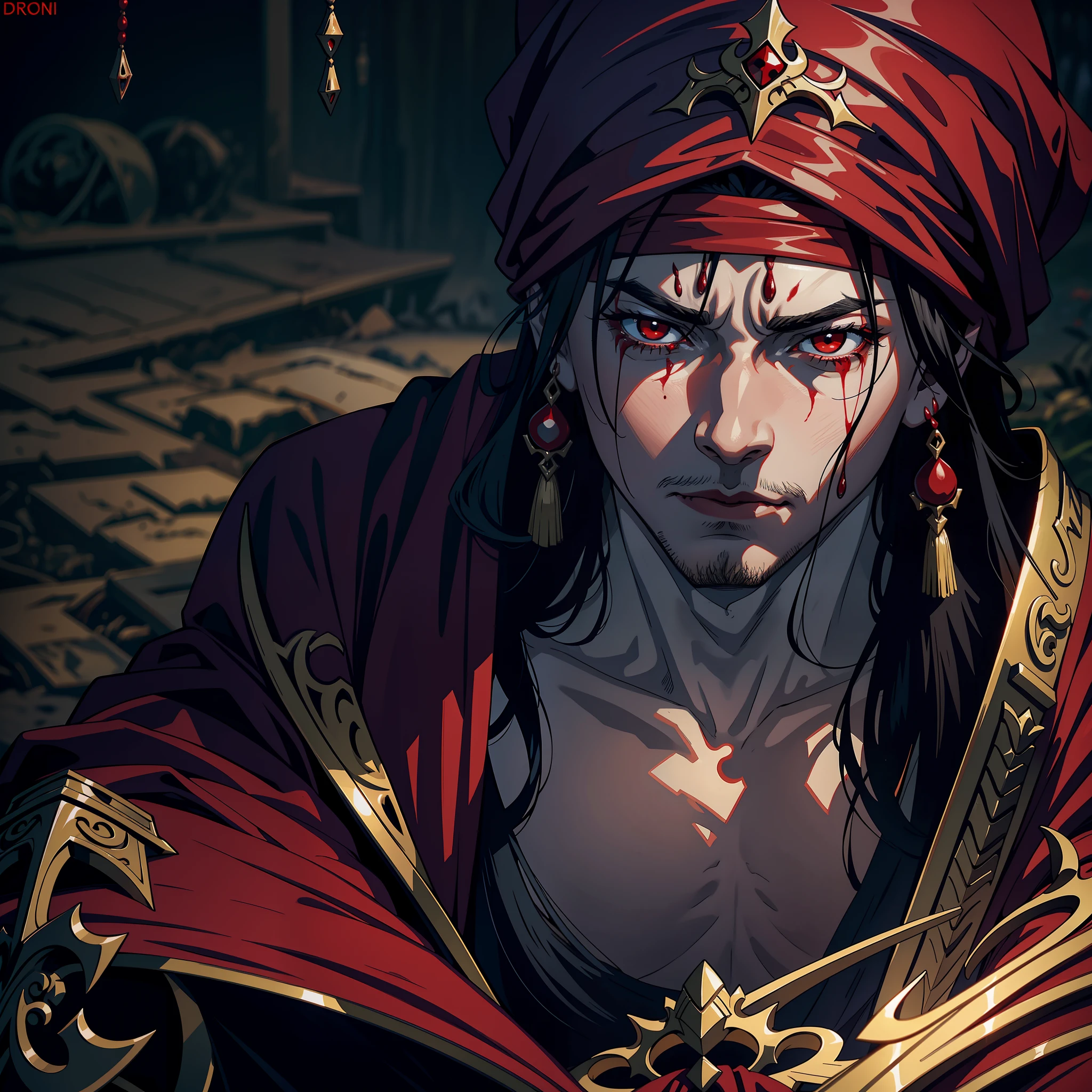 Epic Legendary Lord Dracula Weeps Sad Expression On His Face With Red Turban In A Great Islamic Battle Overview Environment Filled with Corpses and Blood