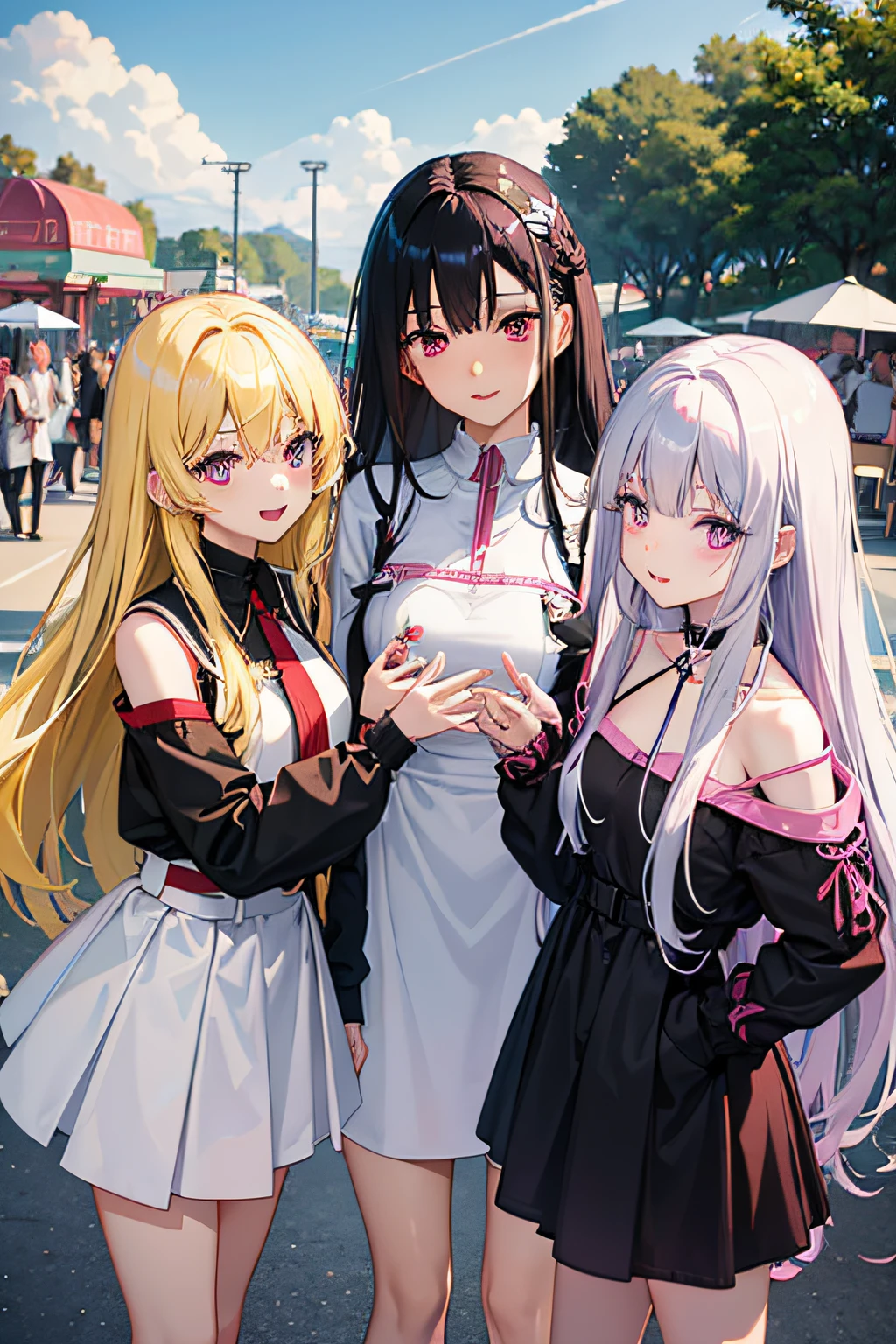 three age friends, Nana with long white hair with light skin tone and purple eyes, Aemi with black hair with a pink tip that reaches her shoulders, light skin color and red eyes, Myzumi with blonde hair with a red tip and skin fair girl with green eyes having fun in an amusement park