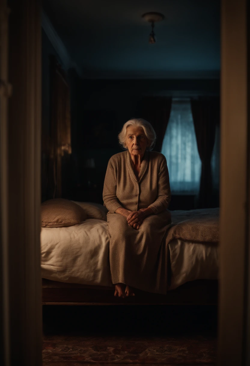 8k realistic image of a scary old woman, under the bed, horror movie environment, horror movie photography