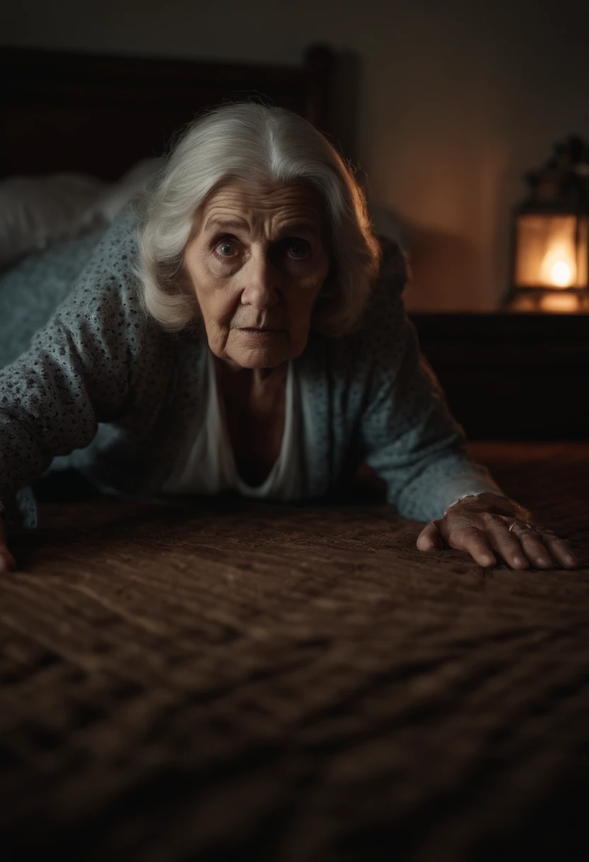 8k realistic image of a scary old woman, under the bed, horror movie environment, horror movie photography