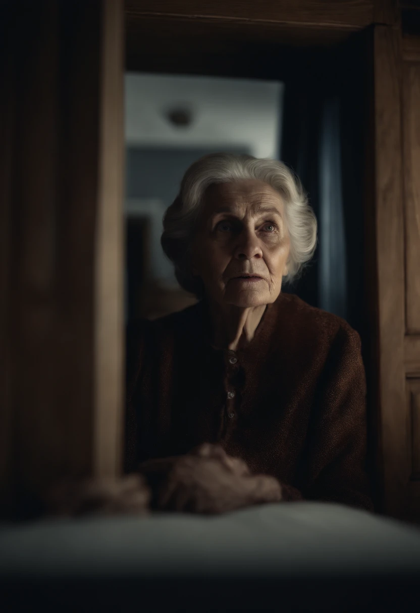8k realistic image of a scary old woman, under the bed, horror movie environment, horror movie photography
