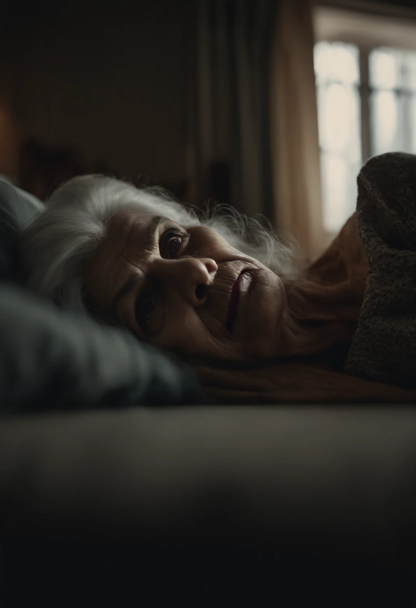 8k realistic image of a scary old woman, under the bed, horror movie environment, horror movie photography