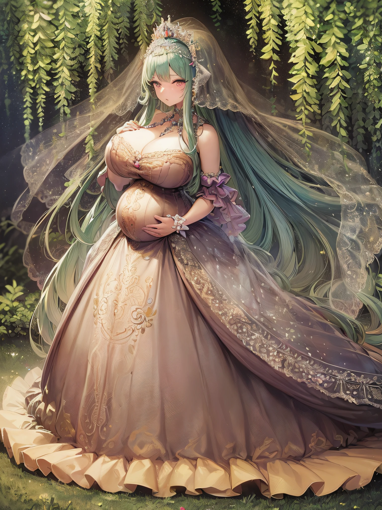 ((anime artstyle)),(Masterpiece),(Best Quality), (Super Detail),(Highly Detailed CG Unity 8k wallpaper),((Very Delicate and Beautiful)),1 pregnant girl,((full body portrait)),((standing in garden)),((solo)),(((1 heavily pregnant princess in gorgeous embroidery and jeweled extremely gorgeous rococo princess ballgown with voluminous full length hoop skirt))),(((heavily pregnant))),(((huge crinoline hoopskirt))),long train,((gorgeous embroidery and jeweled)),voluminous frills,See-through,(((extremely gigantic tits,skindentation))),cleavage,((absurdly Long Straight Hair,extremely voluminous Straight long Hair,absurdly Long Straight Hair)),(finely detailed face and eyes),((embarrassed)),anguish,clear pupil,extremely gorgeousfull hair ornament,(bling-bling jeweled extremely gorgeousfull tiara),((bling-bling gorgeous gemstone jewelry)),gorgeous long veil,((ultra long gloves)),(beautiful background),(full body),((gorgeous embroidery and jeweled extremely gorgeous rococo princess ballgown with voluminous full length hoop skirt))