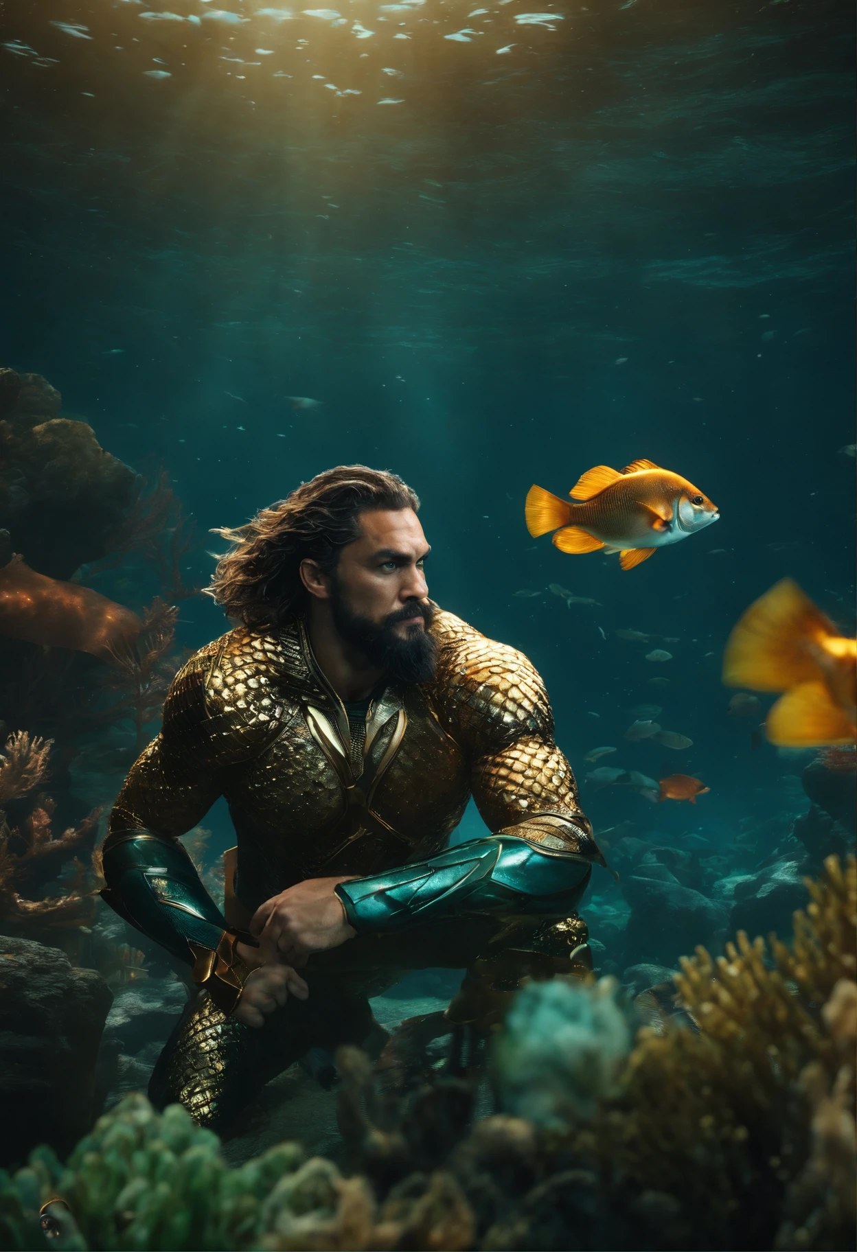 Aquaman, character of the film, by Jason momoa, cinematic style, unreal engine 5, hyperrealistic, seabed, cinematic light,in action underwater world, fish around