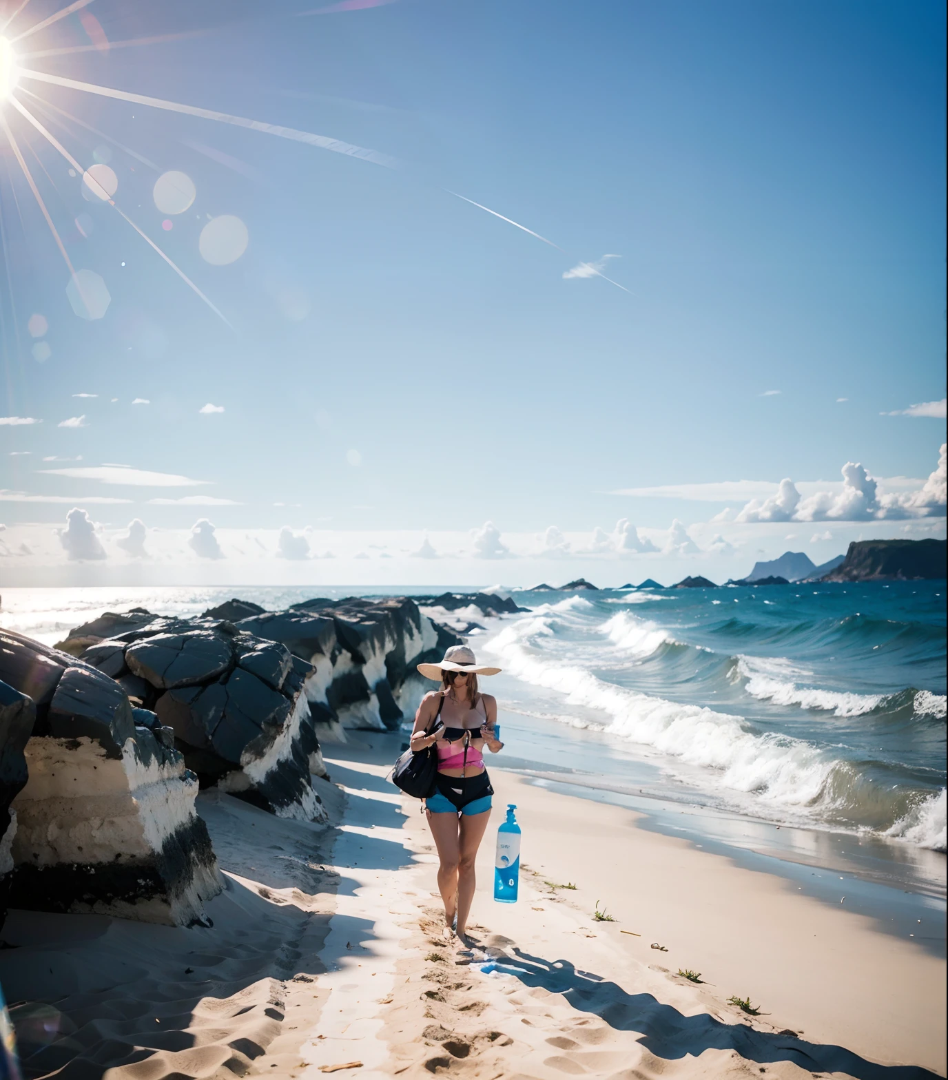 A woman walks in the sun by the sea, holding a tube of sunscreen.