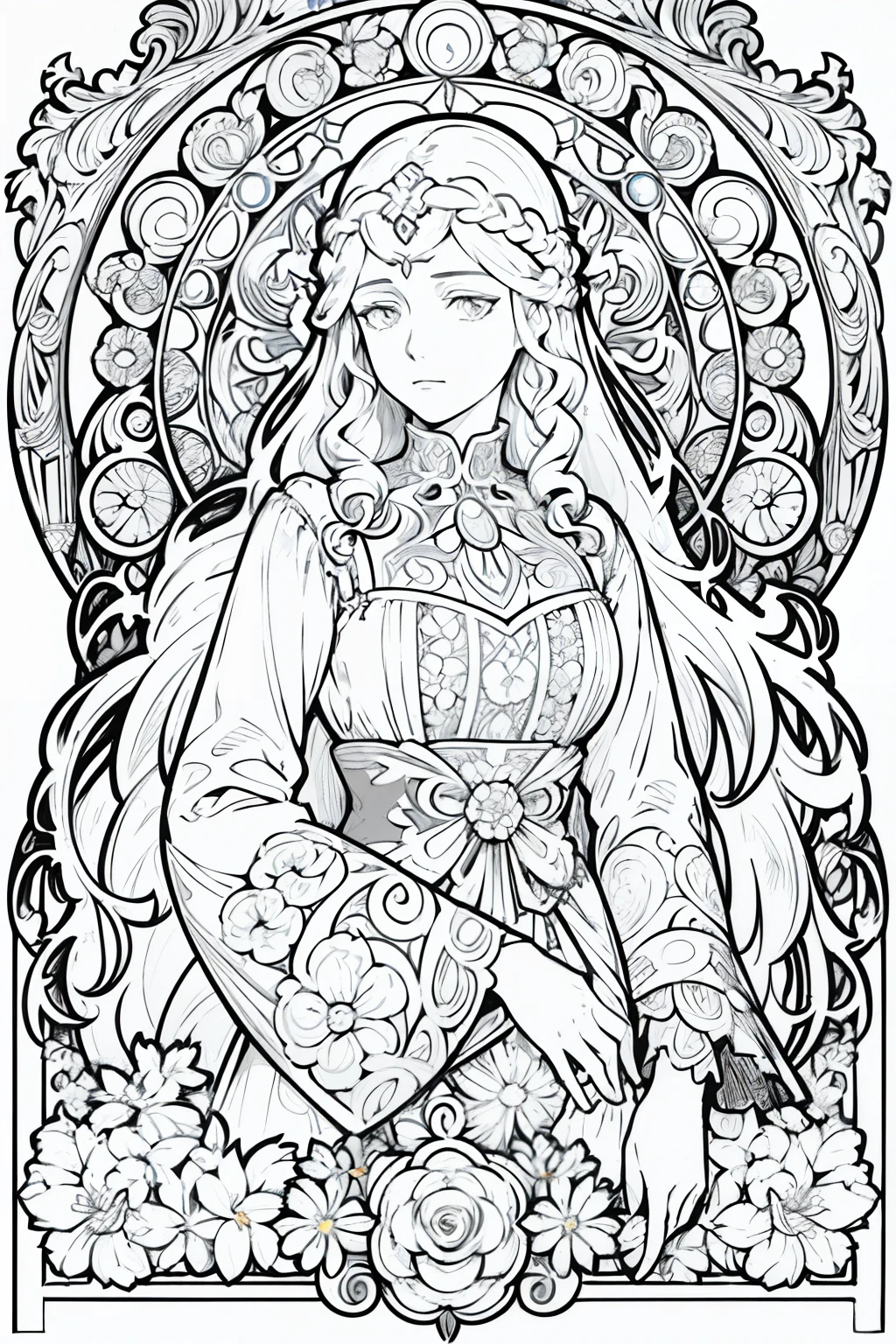 European women's face portrait, long curly hair, blonde, floral frame, decorative panel, abstract
Art by Alphonse Mucha, sketch, character lines and scenes in full colors and shadows.
(Masterpiece, Best Quality, Highres:1.4), Detailed, Intricate Details, 4K, color splashes, line art, fibonacci,