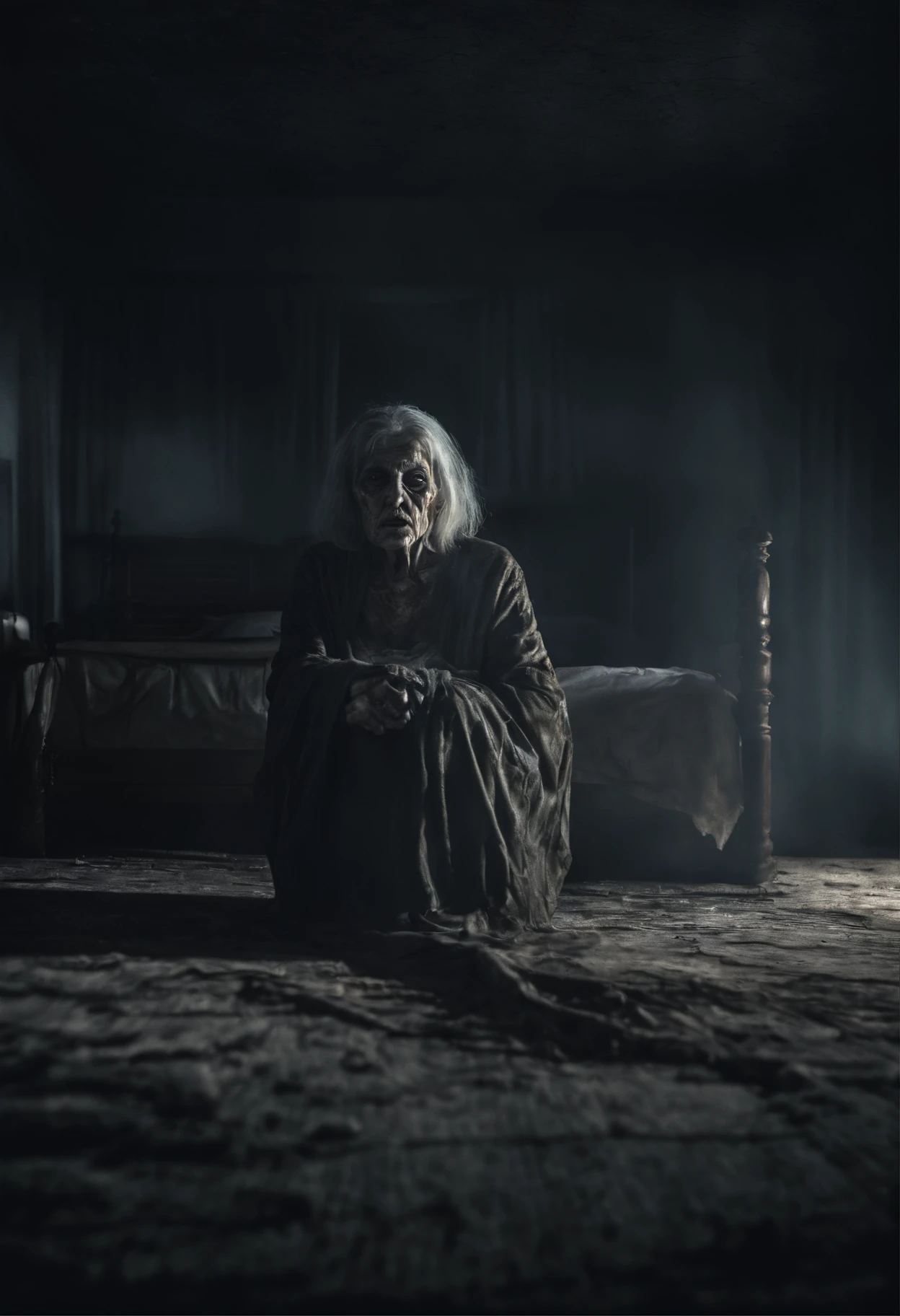 8k realistic image of a scary old woman, under the bed, horror movie environment, horror movie photography