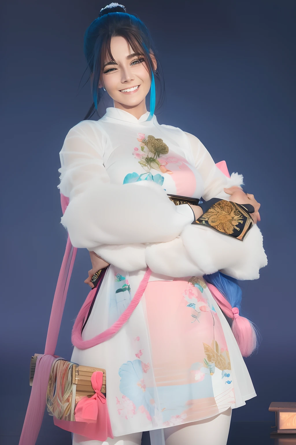 Girl, long ponytail blue hari, blue eyes, white eyelash, wearing modern oriental blue pink clothes, smiling cutely