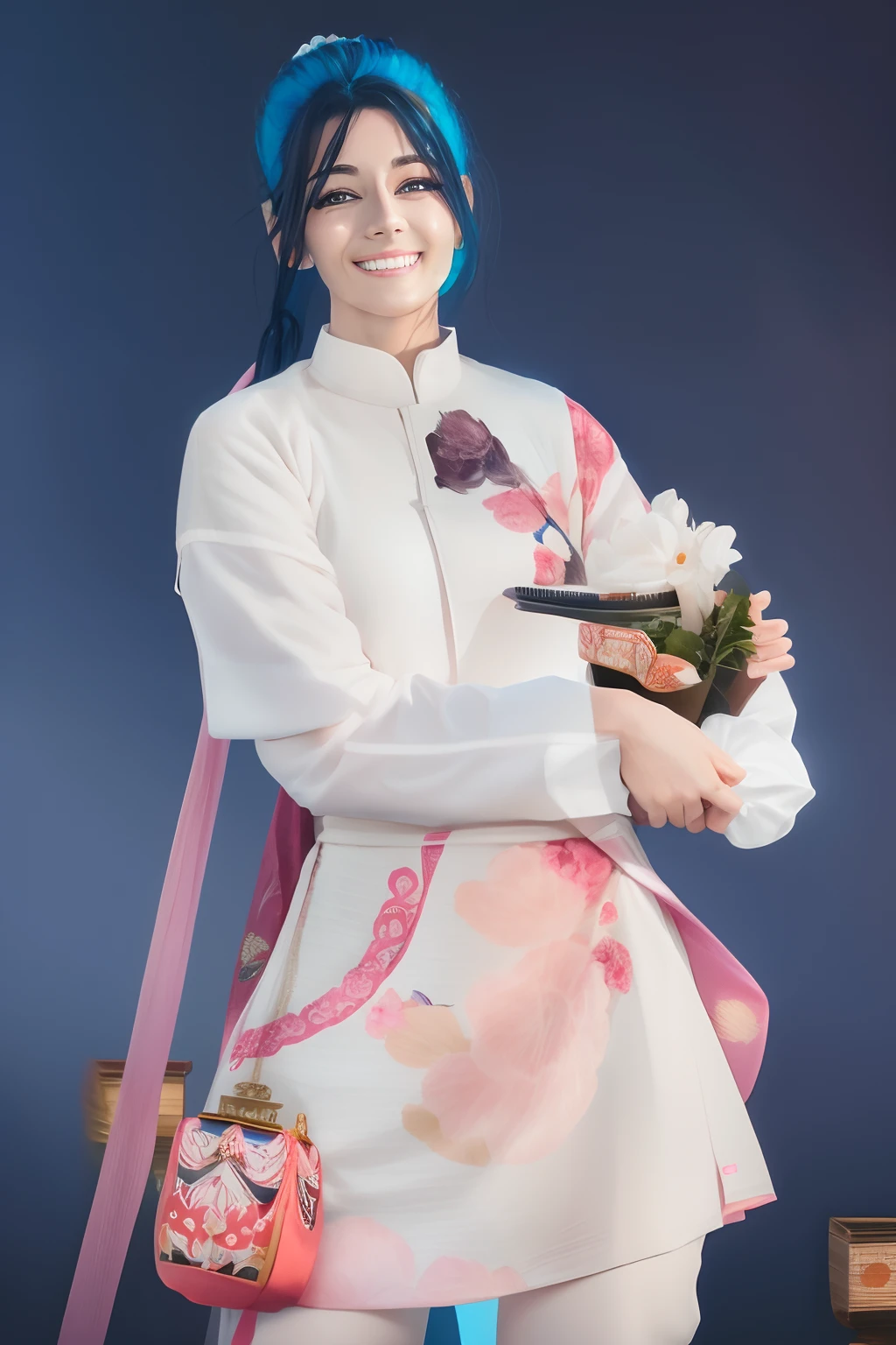 Girl, long ponytail blue hari, blue eyes, white eyelash, wearing modern oriental blue pink clothes, smiling cutely