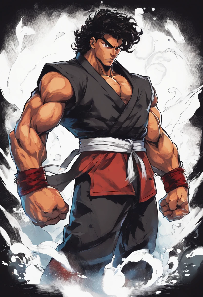 Imagem realista e 8K de um homem de 40 anos, Man, medium taManho curly black hair, forte, Dressed in a casual black blouse and black pants, punho erguido e fechado, em um quintal coberto de neve, imagem frontal, Noite, estilo de arte anime