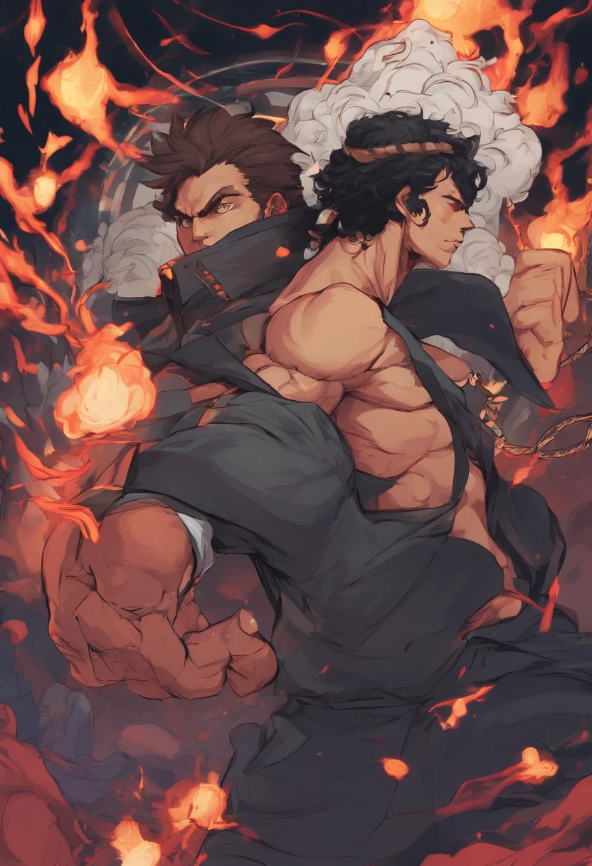 Imagem realista e 8K de um homem de 40 anos, Man, medium taManho curly black hair, forte, Dressed in a casual black blouse and black pants, punho erguido e fechado, em um quintal coberto de neve, imagem frontal, Noite, estilo de arte anime