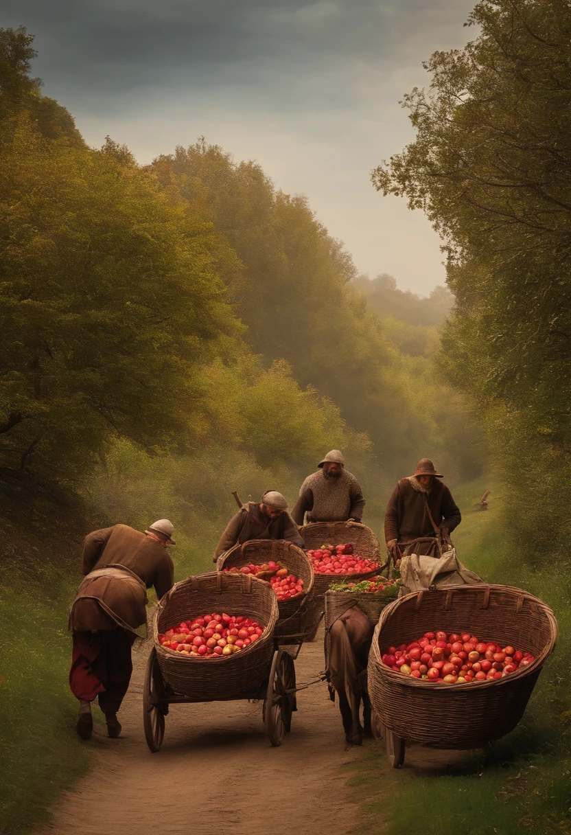 Medieval men carrying in carts many baskets of red colored apple