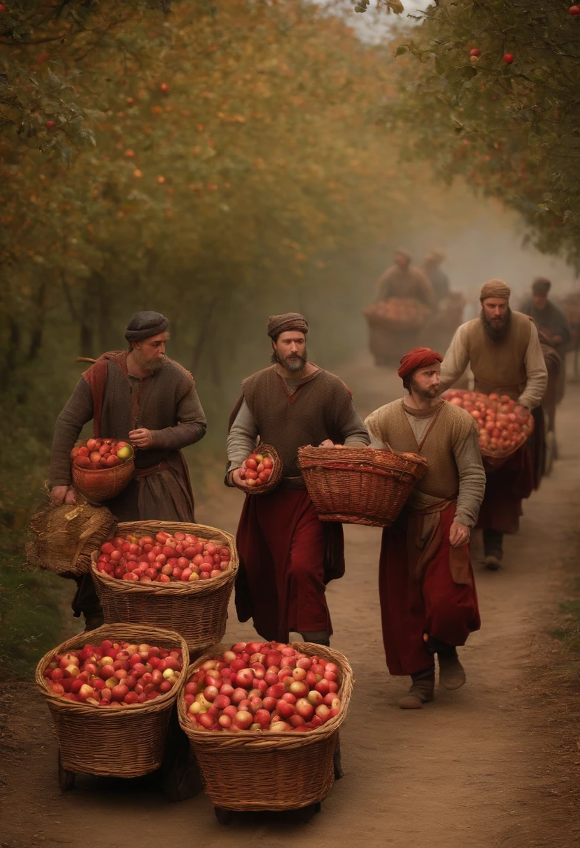 Medieval men carrying in carts many baskets of red colored apple