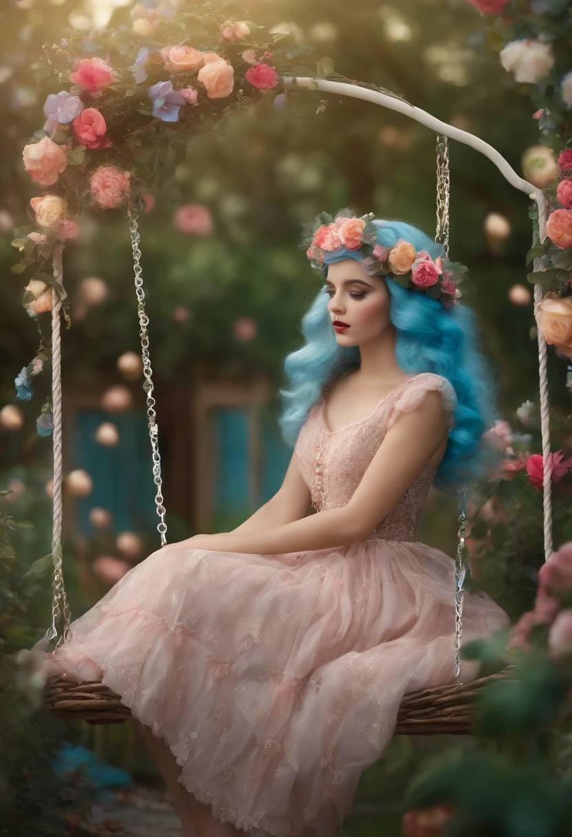 A girl with colorful hair and unique fashion sense, sitting on a swing in a whimsical garden, surrounded by oversized flowers. She has piercing blue eyes that sparkle with mischief, and her lips are painted in vibrant shades. The garden is filled with magical elements, such as floating butterflies and twinkling fairy lights. The swing is made of vintage fabric and adorned with ribbons and pearls. The whole scene is captured in a dreamy and ethereal way, resembling a beautifully detailed illustration. The colors are vivid and playful, with a touch of pastel tones. The lighting is soft and diffused, casting a warm glow on the girl and the garden. The resulting image is of the best quality, with ultra-detailed features and a photorealistic rendering. The overall atmosphere is enchanting and whimsical, showcasing the artistic style of Melanie Martinez.