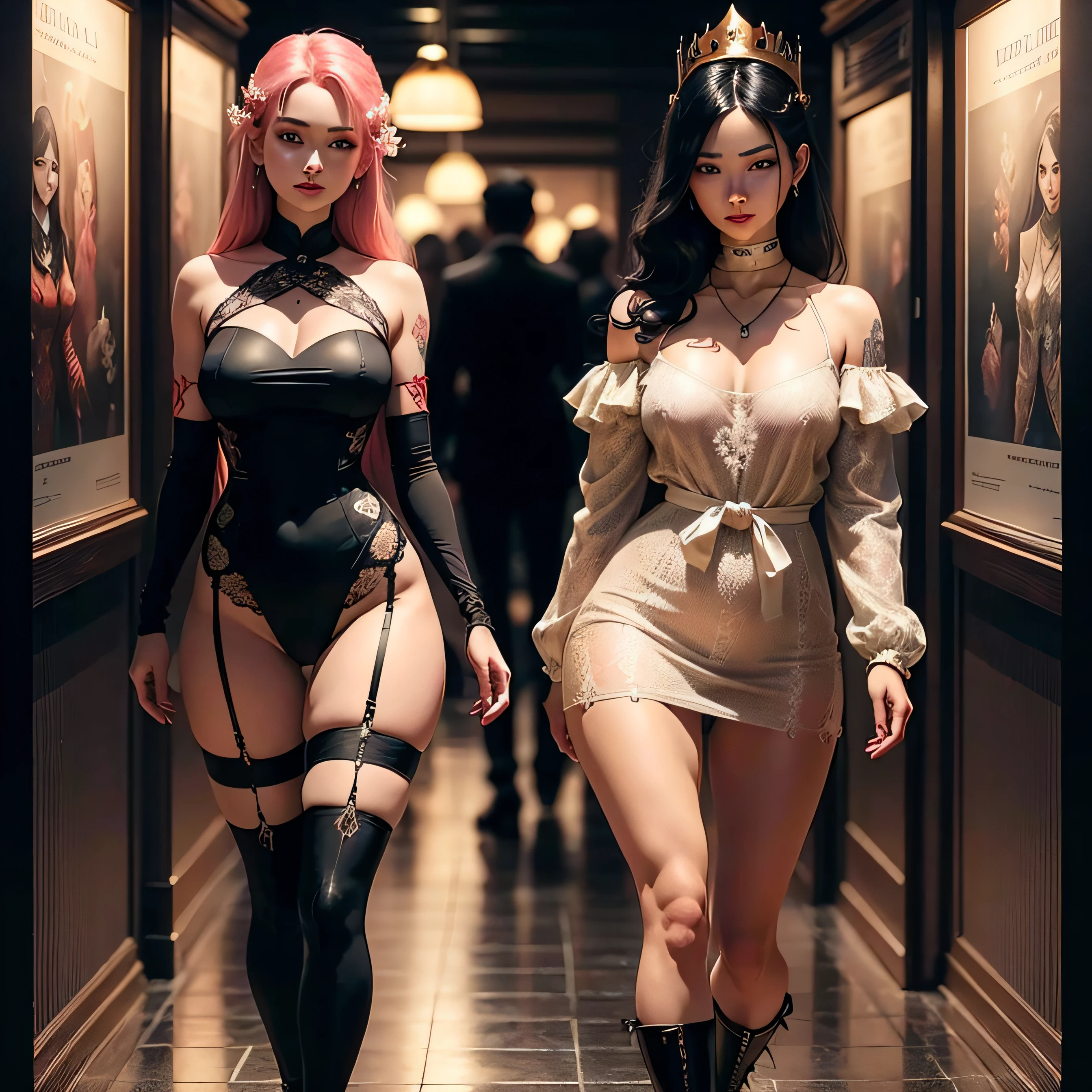 best quality, masterpiece, highres, 2 girls, hanfu, white and even teeth, red irises, chinese underwear, stockings, full body shot, high heels, high boots, choker, long gloves, hair ornaments, necklace, jewelry, crown jewelry. Pretty face, full body, magic import style, tyndall effect, photo realistic, dark studio, border light, two tone light, (high detail skin: 1.2), 8k uhd, dslr , soft light, high quality, volumetric light, candid, Photo , high resolution, 4k, 8k, Bokeh, (light pink lips), 1 beautiful demon from hell, In the Dark: 1.6), surreal full body of women by David Hockney and Alphonse Mucha, fantasy art, photorealism, dynamic lighting, station art, posters, volumetric lighting, highly detailed faces , super 8k, Awarded, in the dark, deep shadow, low light, cowboy lens, (Red phoenix shirt: 1.4), long hair, black hair, bust, luxury palace, Royal style family, devil's crown, red eyes with very sharp and detailed makeup, Best face, Very round and tight breasts, Surreal, chinese women's clothing, turtleneck polo lace top, charming smile, Beautiful eye makeup, guweiz, black lace stockings, mesh stockings with hooks on underwear, ponytail with a bow at the back, dark red lips, Devil tattoo on shoulder, wearing a nightgown thin lace deep slit chest red black, overcast and thunderous landscape, (full body), Close-up better quailty, ultra hd, 8k,of main character, (Background detail 1.8), lace socks worn at the waist, moderately big butt,