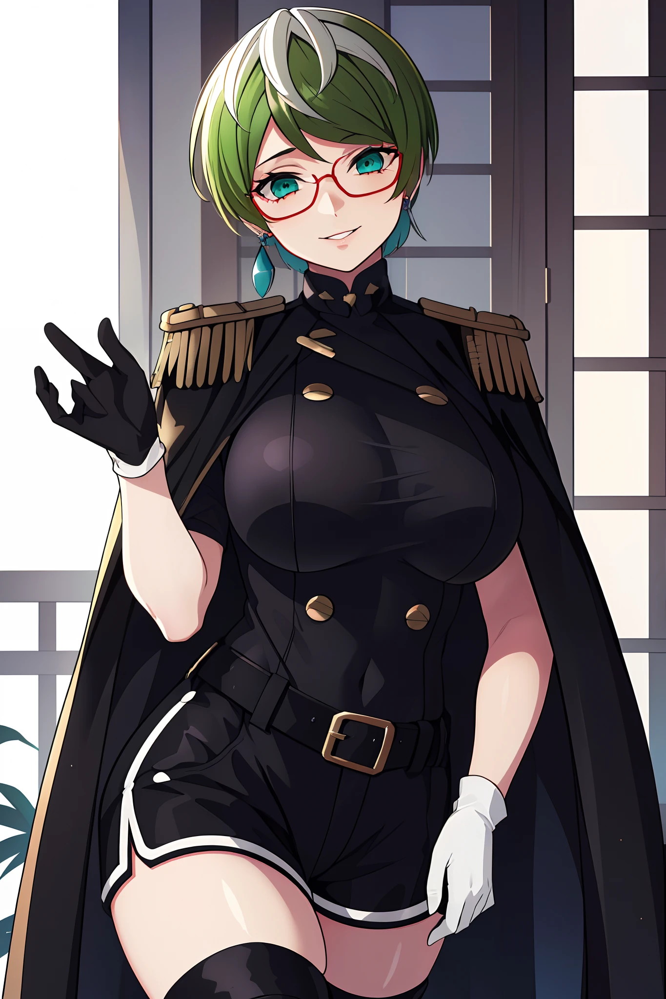 (night:1.2),(indoors), (very detailed background), before window,
standing,facing viewer,  cowboy shot, dynamic angle, 
tenka izumo, green hair,  ((short hair)), ((red eyes)), hair between eyes, 
(((belt, black shorts, buttons, cape, earrings, epaulettes, gloves, military, black military uniform, thigh boots, uniform, white gloves, ))),(black uniform:1.0), 
1girl, solo, (24 years old:1.5),Beautiful Finger,Beautiful long legs,Beautiful body,Beautiful Nose, perfect eyes, perfect face,(beautiful detailed aqua eyes),((mature female:1.1)),((milf:1.1)),make up,parted lips,(shiny skin:1.1),(perfect female body:1.2),(gorgeous detailed skin),(detailed hair),
looking at viewer, smile,
ray_tracing,intricate details,depth of field, extremely delicate and beautiful,
(Beautiful,large breasts:1.4), (beautiful_face:1.5), adjusting eyewear:1.2