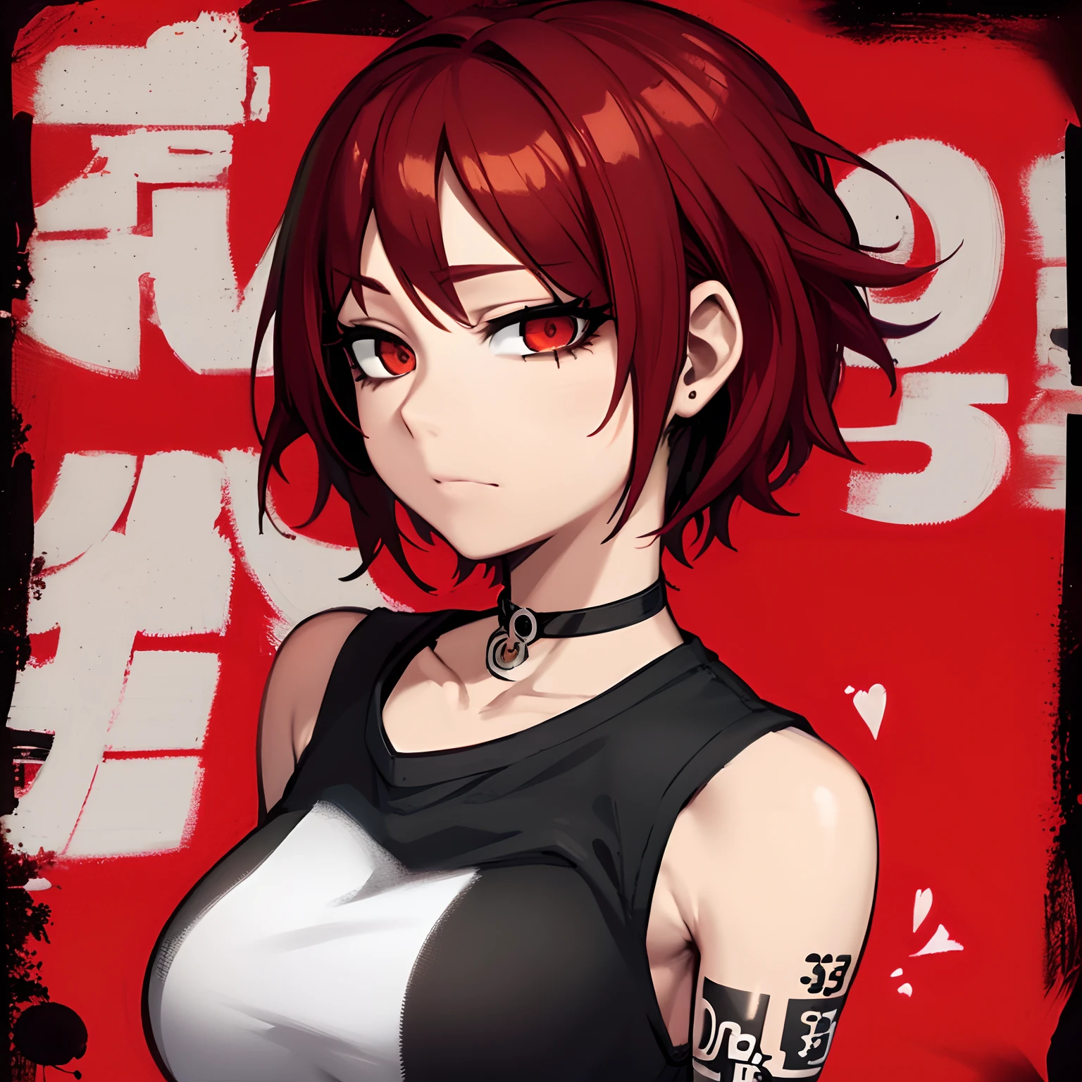 A woman with red hair and a black top is posing for a photo, Akane Owari Danganronpa, tattooed arm, Yayoi Kasuma, protagonista feminina 👀 :8, Makoto, tou, personagem estilo anime, Makoto Shinka, Yata Hana, em estilo anime, Dicas de Yayoi Kasuma, (menina anime)