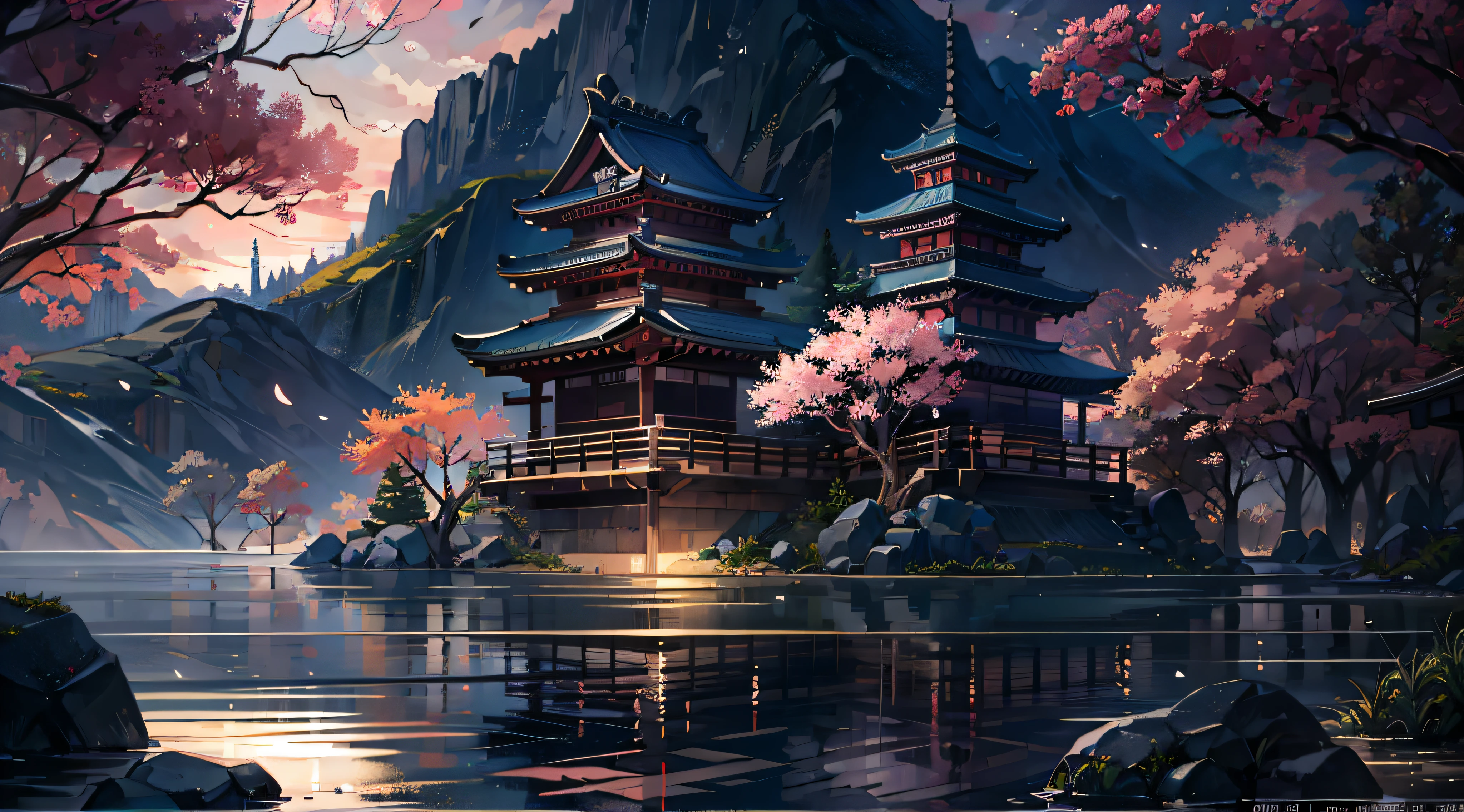 Japanese ancient times, spring, night, lake, temple, sakura, rock, hot spring, water vapor, (illustration: 1.0), epic composition, atmospheric lighting, HD details, masterpiece, best quality, (very detailed CG unified 8k wallpaper)