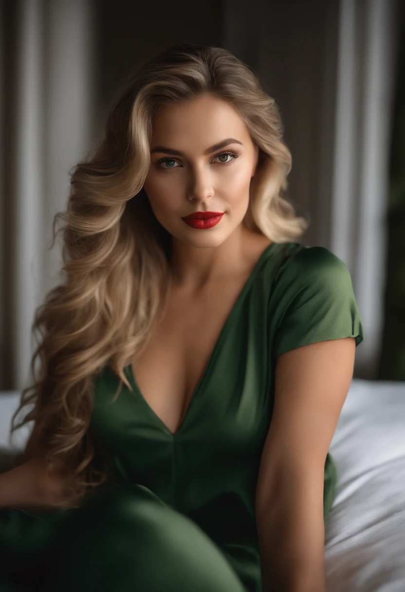 super realistic, Uma mulher jovem e bonita, blonde hair that falls gently in waves up to the shoulders, altura mediana with large breasts that are poking through white pyjama shirt (safe for work), olhos grandes e verdes, pele clara, she's in her pyjamas, ela esta em sua cama, fazendo cuidados com a pela antes de dormir, The environment is illuminated with lights of warm and pleasant colors making your hair shine, seu semblante esta naturalmente sereno, lips with red lipstick, Textura 8K, altamente detalhados, realista, soft Cinematic Light, HDR, sharp fokus, obra-prima, fotorrealista, fotografia premiada, Canon EOS R5, 35 mm