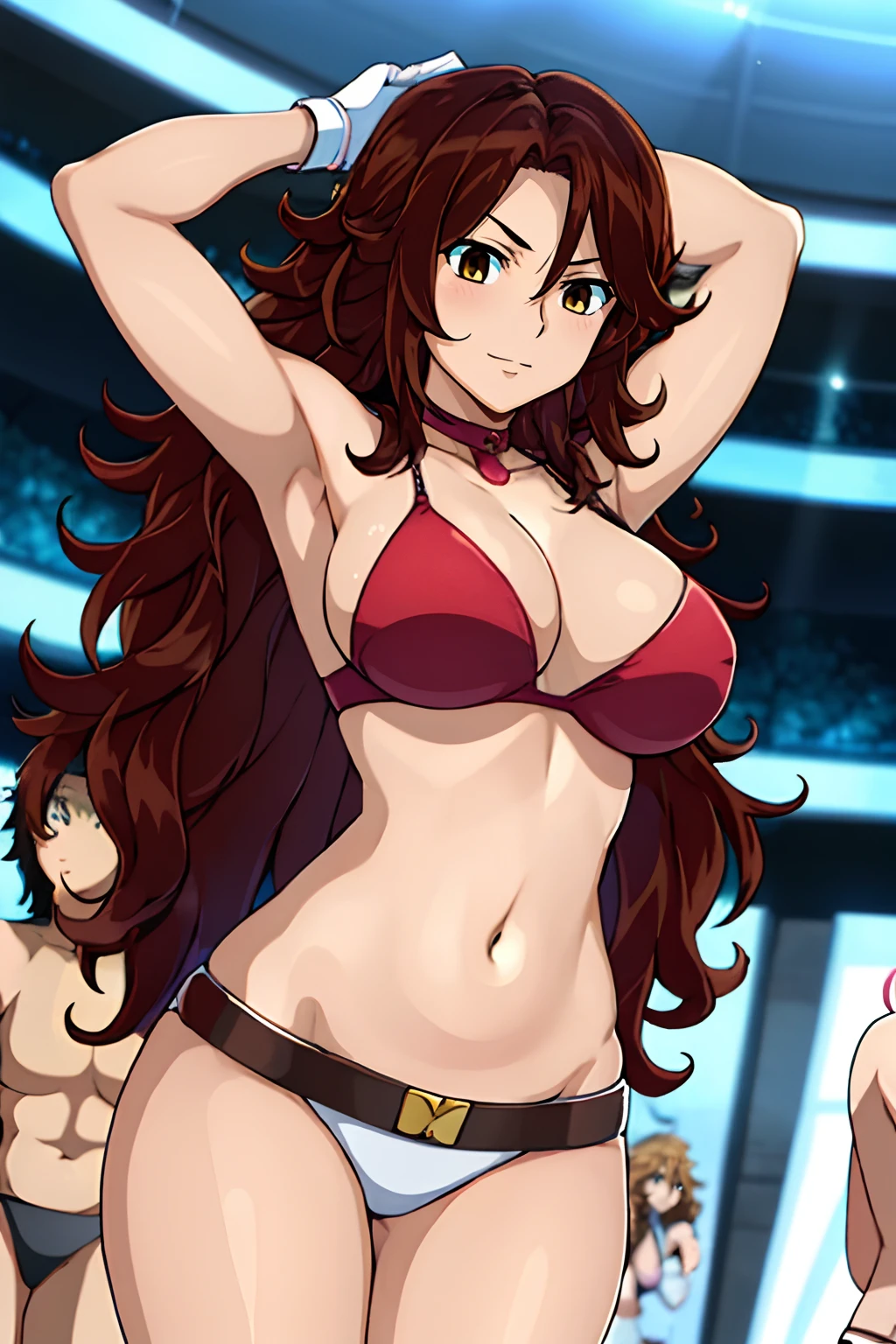 curvy belly, titration screen,, Elegant lady, (upper body only), anime style: 1.8, anime drawing, ultra detailed face, ultra detailed body, 4k, Sumergai Lee Noriega, (standing), best quality, anime style, hires, highest definition, digital blending, bold drawing lines, ((wwe diva), (location: wrestling arena, crowds watching), ( big shoulders, slim body, (wrestler body, thick arms, detailed biceps), , broad shoulders, closed fists, (very curvy: 2.8)), ((white bikini, only, white gloves, collar, hand protector, (champion belt on bare belly))), loser, defeated, sad, (pale skin, big breasts, smile), (big eyes, brown eyes), (clapping), ( brown hair, loose hair, curly hair, wavy hair, long hair, missy hair), 27 years old,